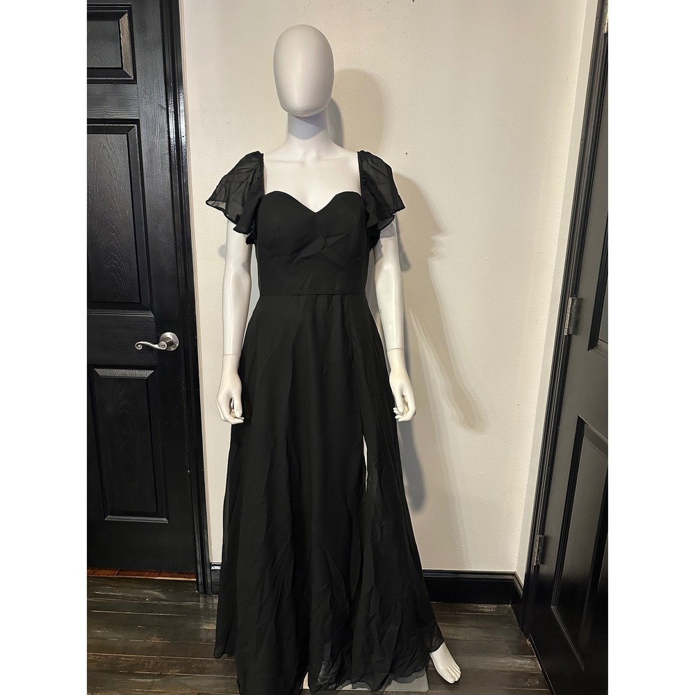 Black Chiffon Flutter Sleeve Sweetheart Maxi Dress Evening‎ Gown